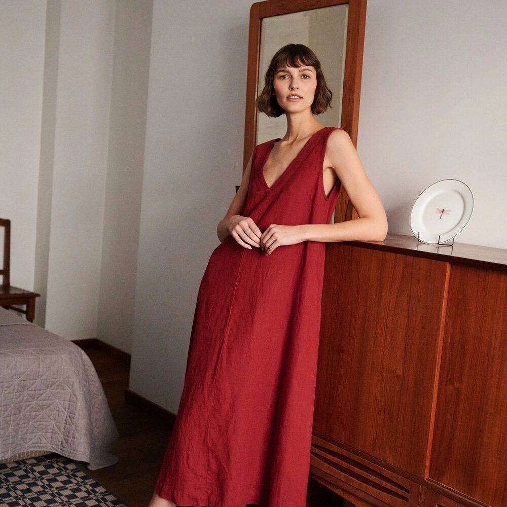 Long linen V neck dress